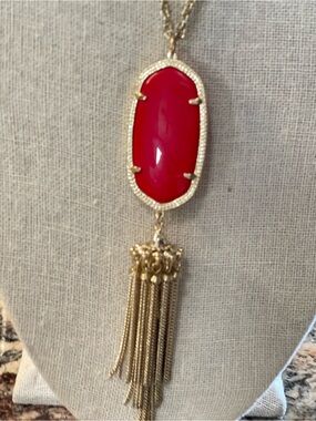 EUC - Authentic Kendra Scott Rayne Red Stone Gold Tassel Necklace
